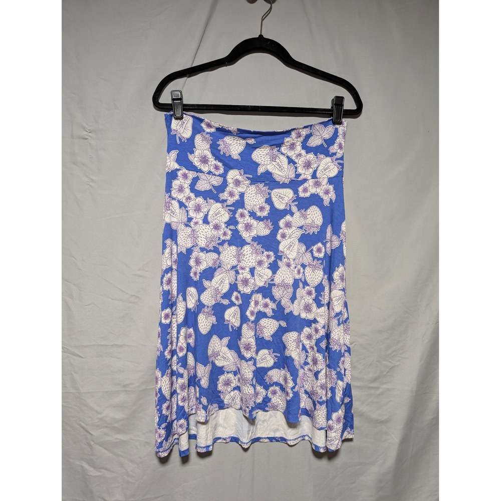 LulaRoe Blue Floral Strawberry Print A-Line‎ Flowy Stretch Skirt Women's Large